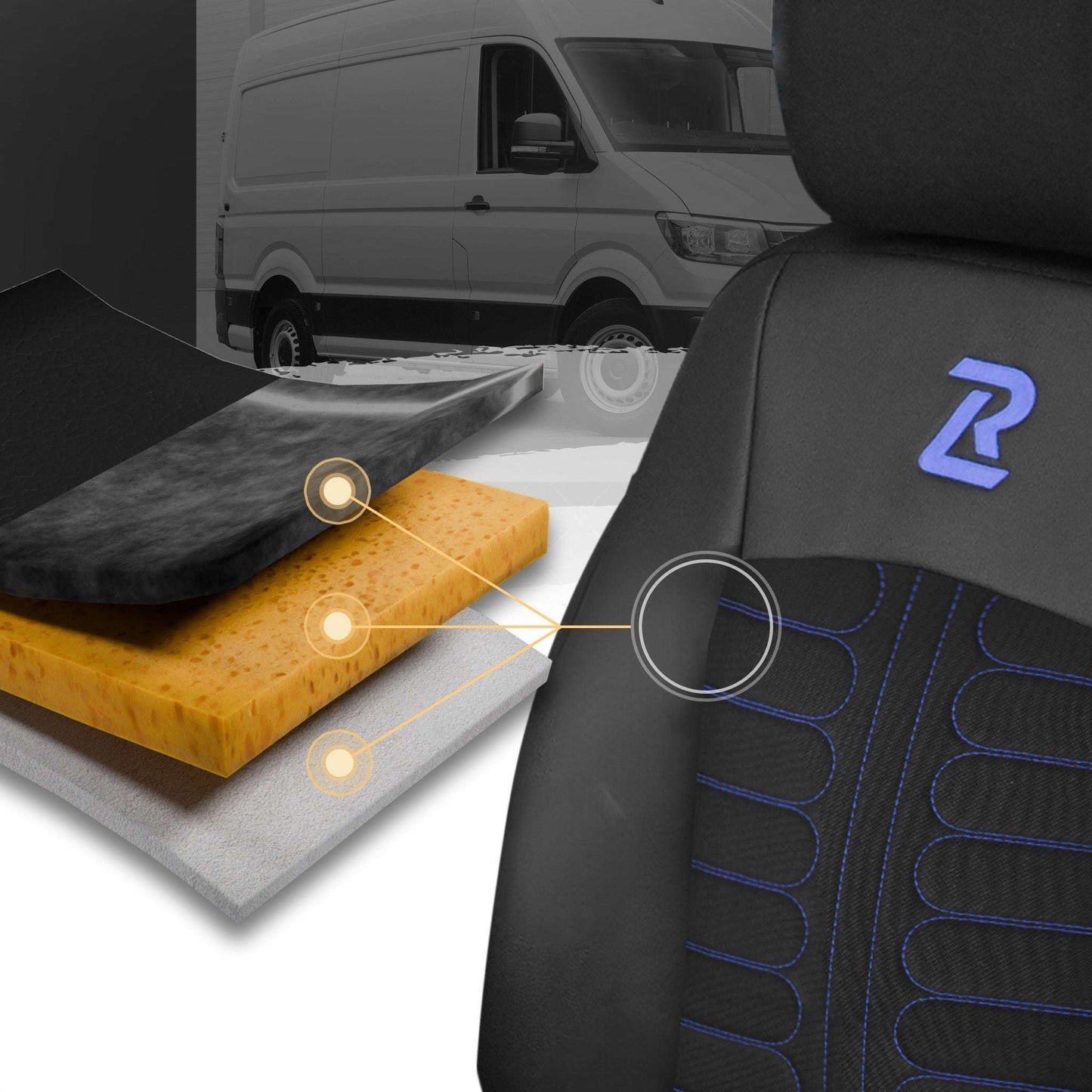 Pokrowce na fotele TORNADO Renault Trafic 3, Opel Vivaro B, Fiat Talento, Nissan NV300 1+2 (Kanapa z 2 zagłówkami siedzisko dzielone) - Czarno niebieskie 