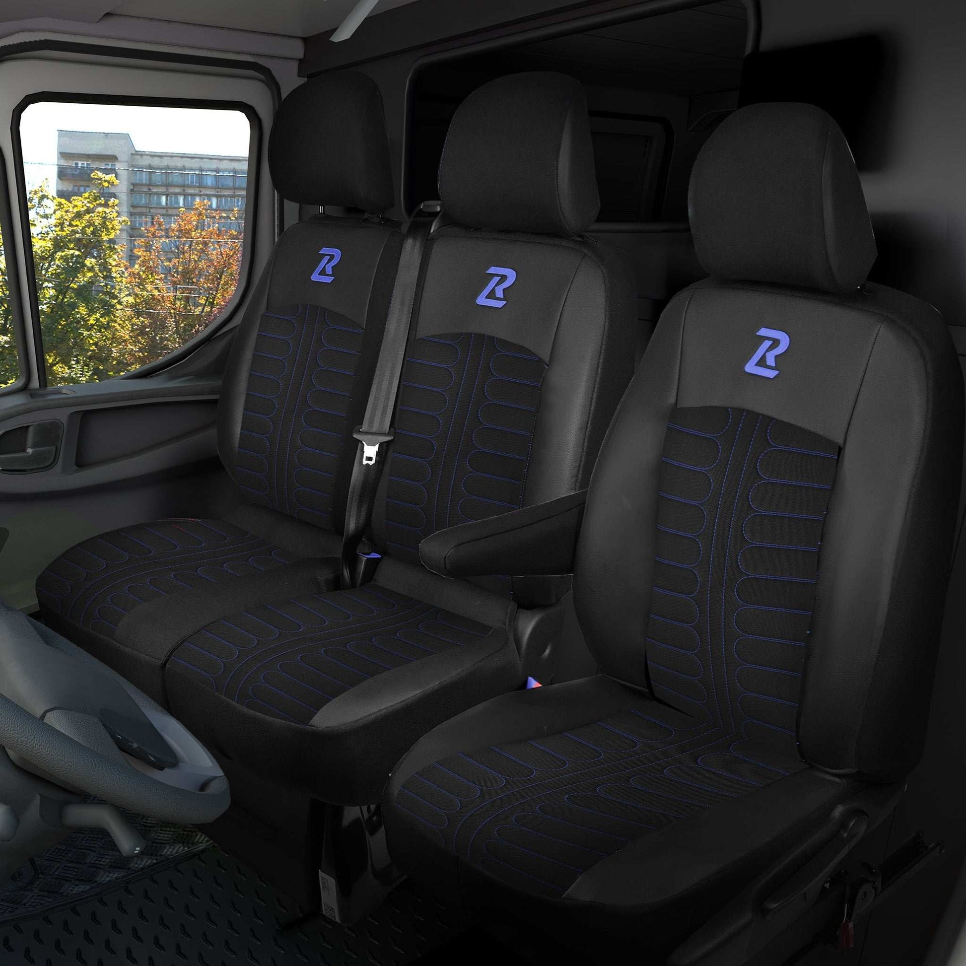 Pokrowce na fotele TORNADO Renault Trafic 3, Opel Vivaro B, Fiat Talento, Nissan NV300 1+2 (Kanapa z 2 zagłówkami siedzisko dzielone) - Czarno niebieskie 
