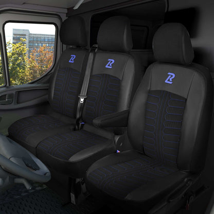 Pokrowce na fotele TORNADO Renault Trafic 3, Opel Vivaro B, Fiat Talento, Nissan NV300 1+2 (Kanapa z 2 zagłówkami siedzisko dzielone) - Czarno niebieskie 