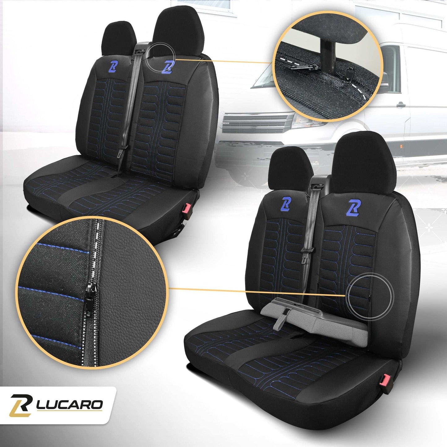 Pokrowce na fotele TORNADO Fiat Ducato, Peugeot Boxer, Citroen Jumper, Opel Movano C, RAM Promaster CZARNO - NIEBIESKI 