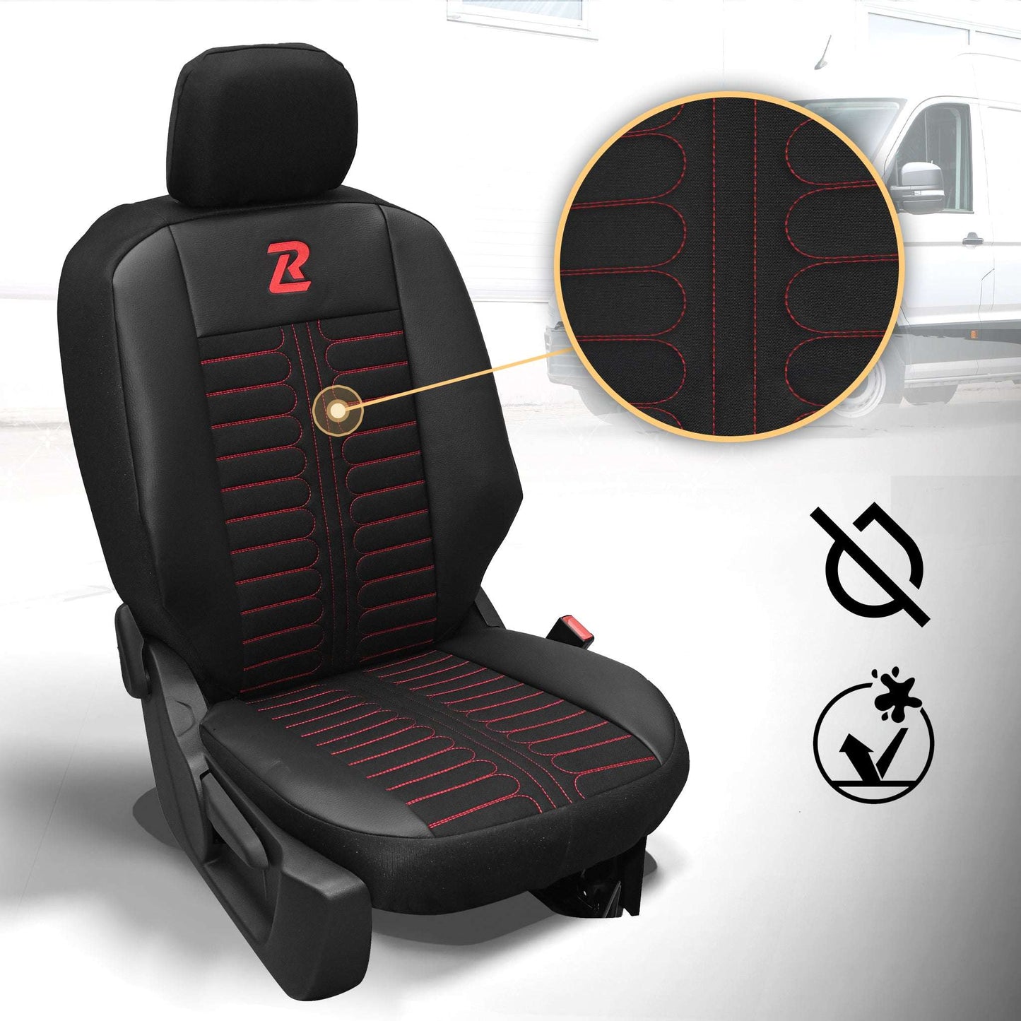 Pokrowce na fotele samochodowe TORNADO Citroen Berlingo 3, Fiat Doblo 3, Peugeot Partner 3, Opel Combo E, Toyota Proace City 1+2 Czarno - Czerwony 