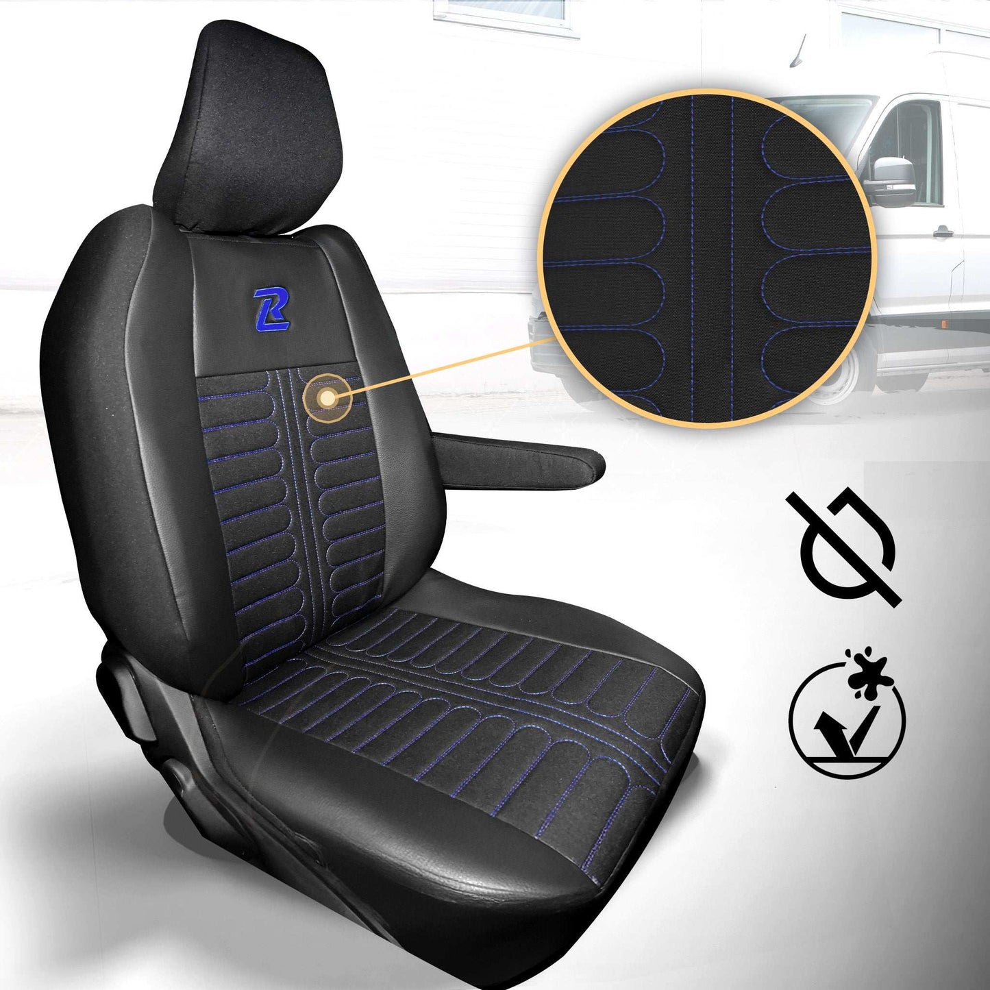 Pokrowce na fotele TORNADO Renault Master 4, Nissan Interstar 3 (Oparcie dzielone, siedzisko dzielone) CZARNO - NIEBIESKI 