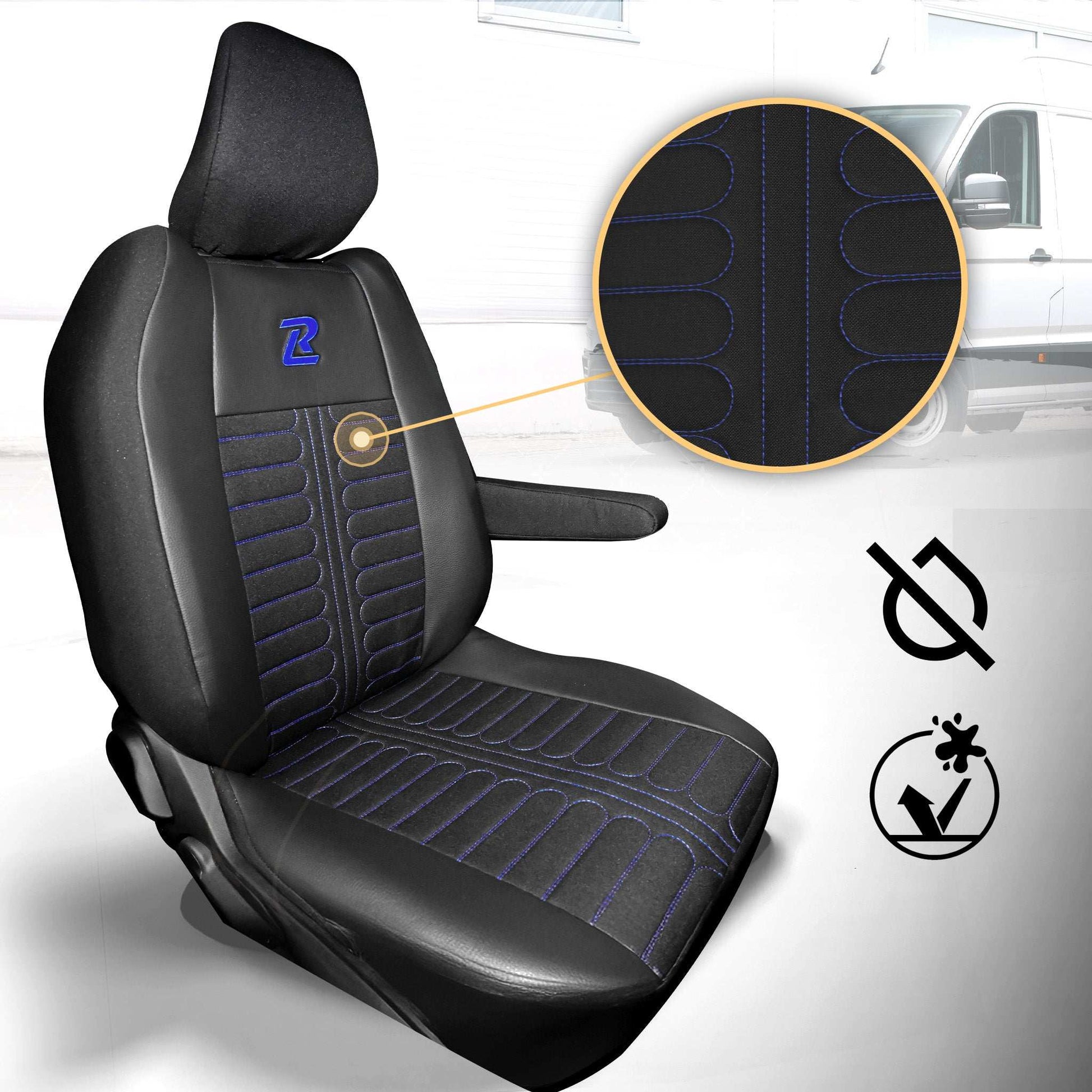 Pokrowce na fotele TORNADO Renault Master 4, Nissan Interstar 3 (Oparcie dzielone, siedzisko dzielone) CZARNO - NIEBIESKI 