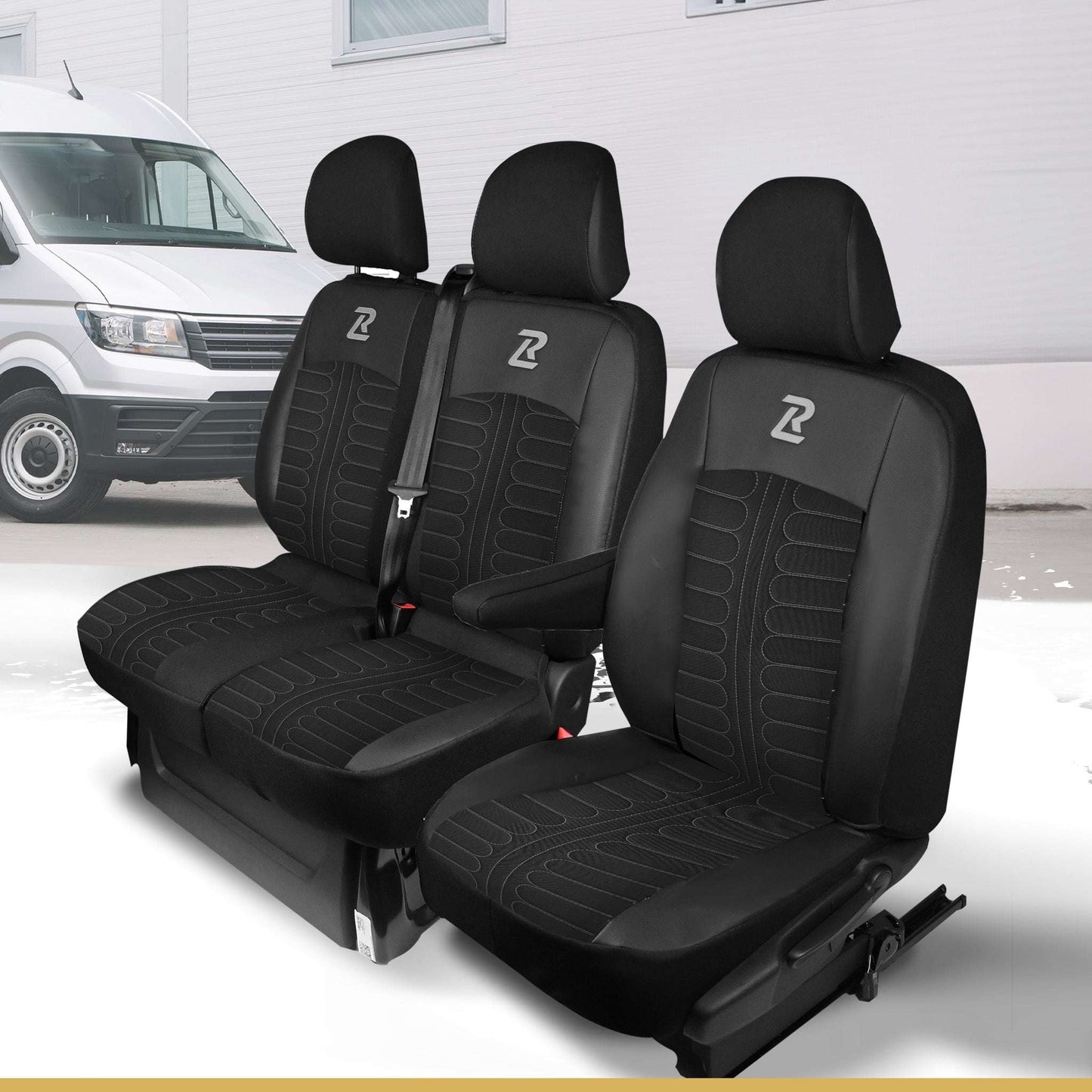 Pokrowce na fotele TORNADO Renault Trafic 3, Opel Vivaro B, Fiat Talento, Nissan NV300 1+2 (Kanapa z 2 zagłówkami siedzisko dzielone) - Czarno szare 
