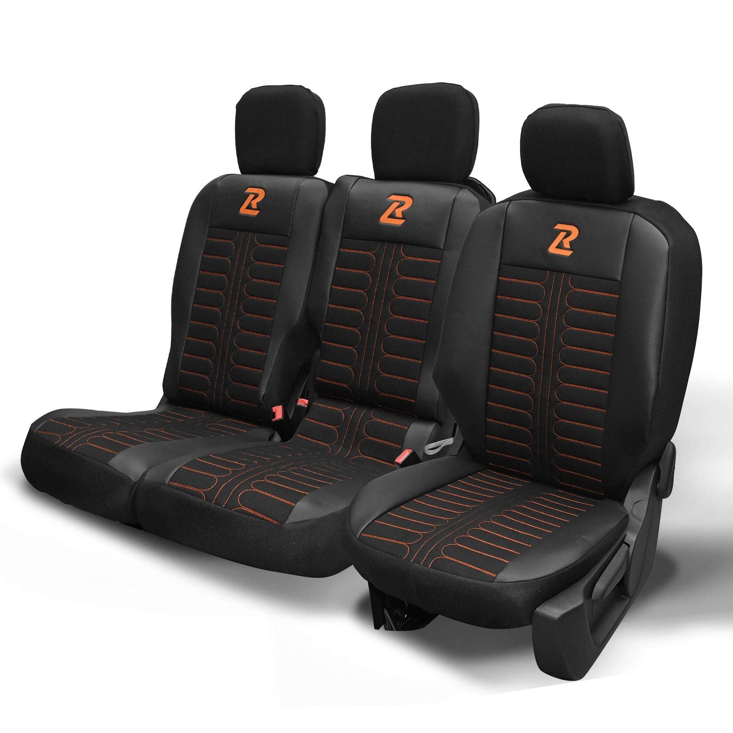 Pokrowce na fotele samochodowe TORNADO Citroen Berlingo 3, Fiat Doblo 3, Peugeot Partner 3, Opel Combo E, Toyota Proace City 1+2 Czarno - Pomarańczowy 