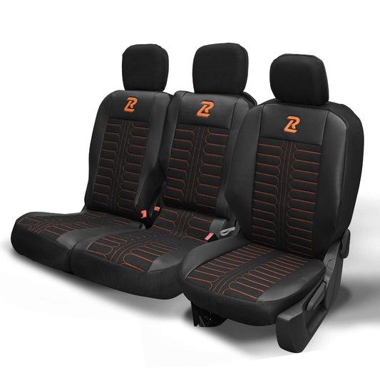 Pokrowce na fotele samochodowe TORNADO Citroen Berlingo 3, Fiat Doblo 3, Peugeot Partner 3, Opel Combo E, Toyota Proace City 1+2 Czarno - Pomarańczowy 