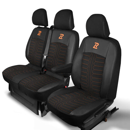 Pokrowce na fotele TORNADO Renault Trafic 3, Opel Vivaro B, Fiat Talento, Nissan NV300 1+2 (Kanapa z 2 zagłówkami siedzisko dzielone) - Czarno pomarańczowe 