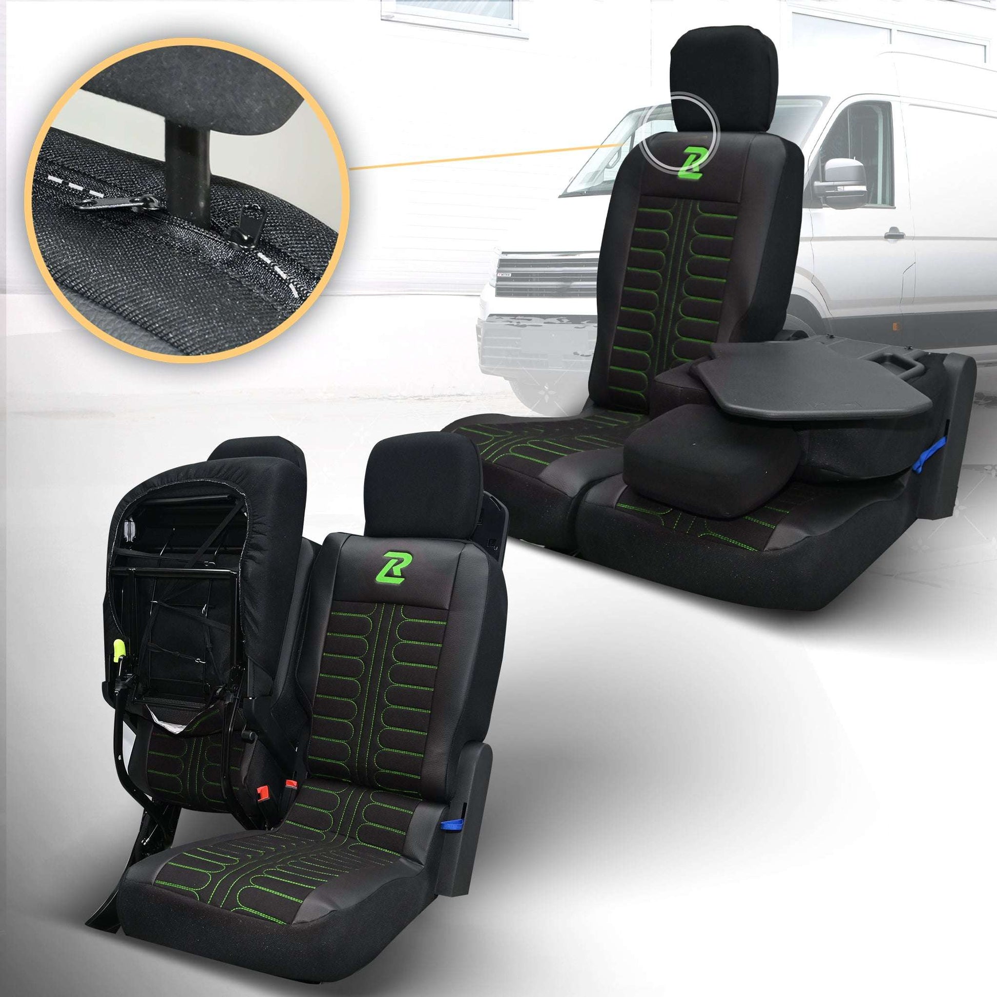 Pokrowce na fotele samochodowe TORNADO Citroen Berlingo 3, Fiat Doblo 3, Peugeot Partner 3, Opel Combo E, Toyota Proace City 1+2 Czarno - Zielone 