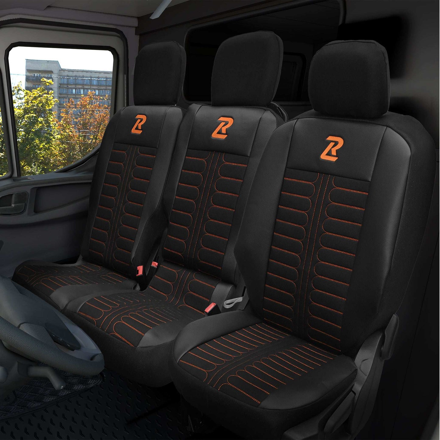 Pokrowce na fotele samochodowe TORNADO Citroen Berlingo 3, Fiat Doblo 3, Peugeot Partner 3, Opel Combo E, Toyota Proace City 1+2 Czarno - Pomarańczowy 