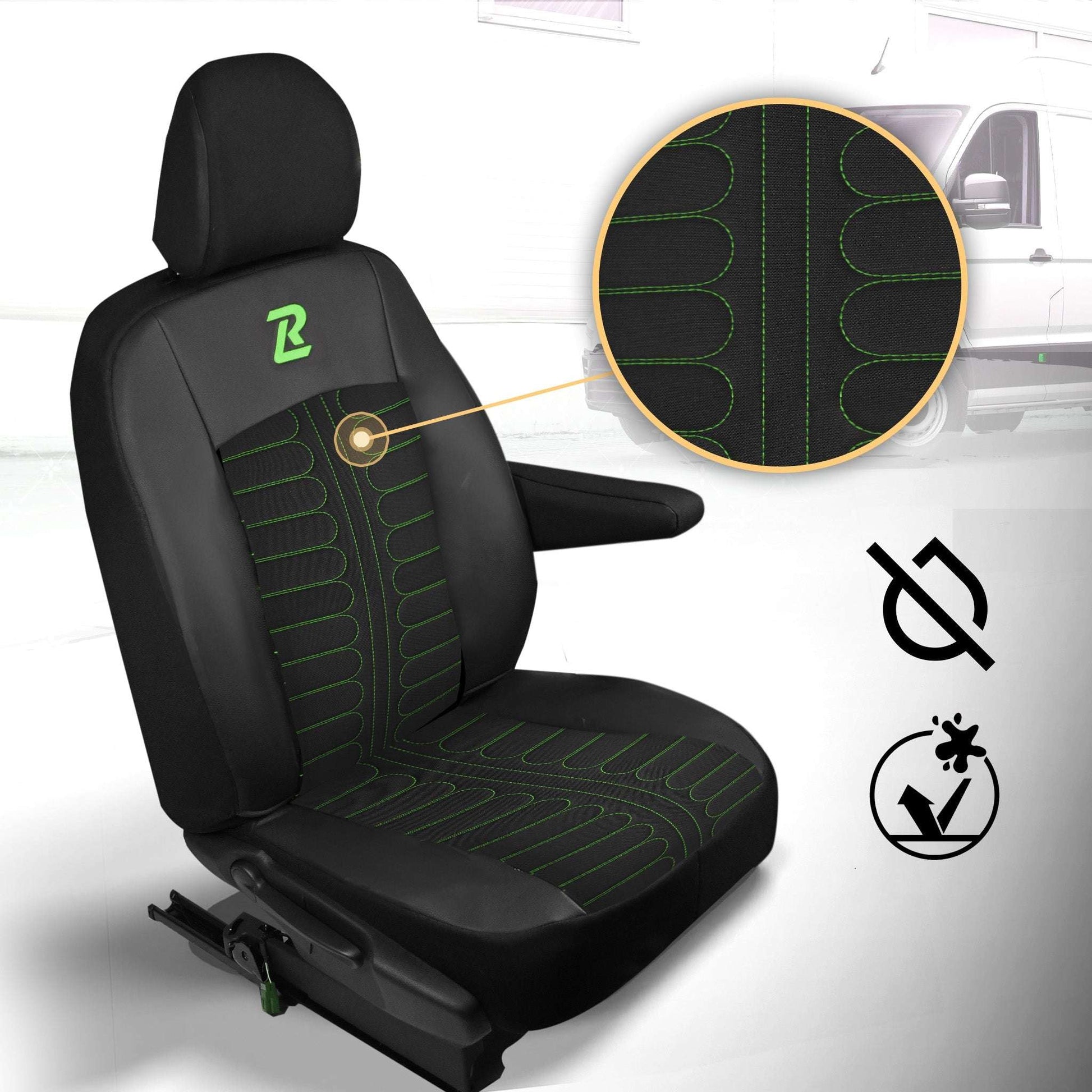 Pokrowce na fotele TORNADO Renault Trafic 3, Opel Vivaro B, Fiat Talento, Nissan NV300 1+2 (Kanapa z 2 zagłówkami siedzisko dzielone) - Czarno zielone 