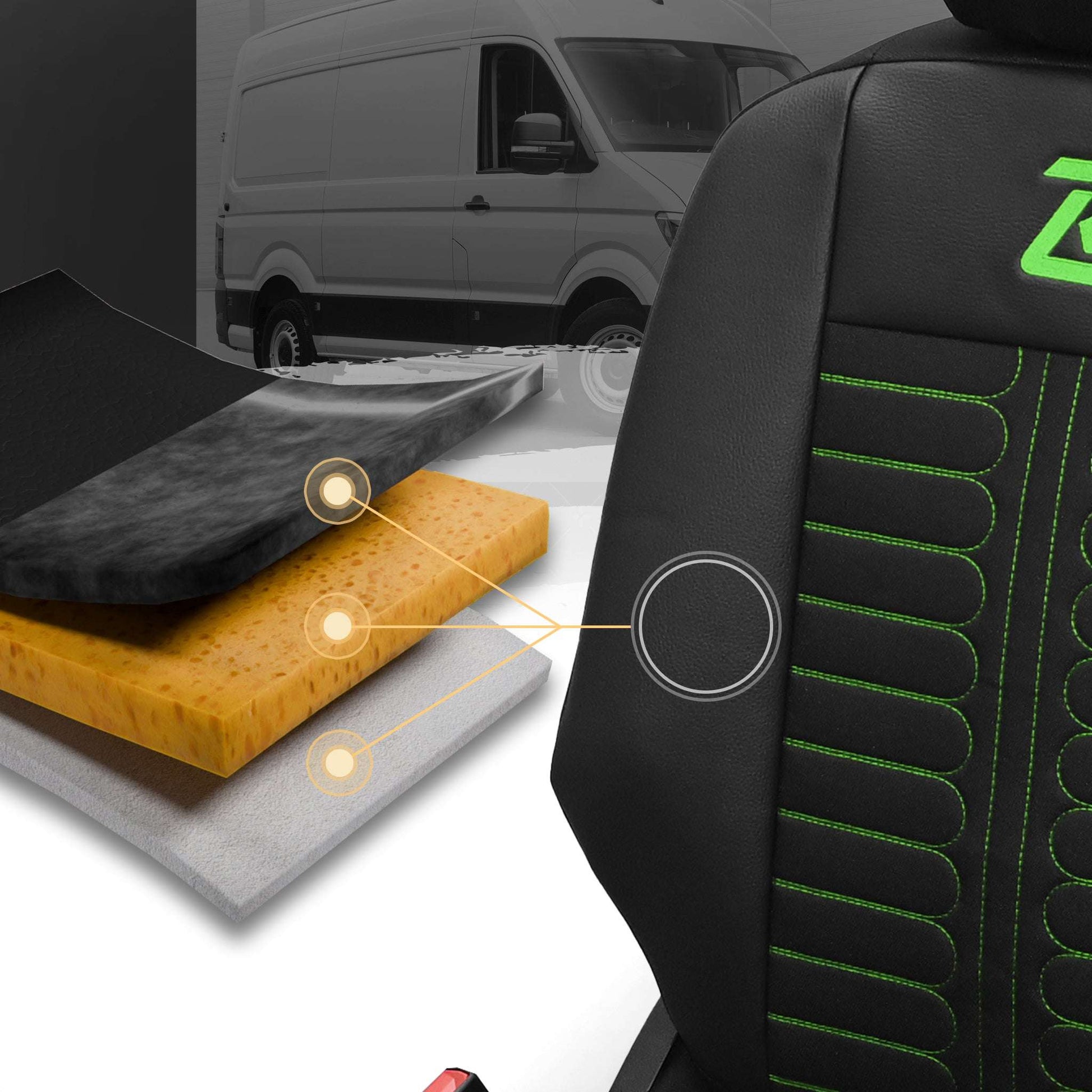 Pokrowce na fotele samochodowe TORNADO Citroen Berlingo 3, Fiat Doblo 3, Peugeot Partner 3, Opel Combo E, Toyota Proace City 1+2 Czarno - Zielone 