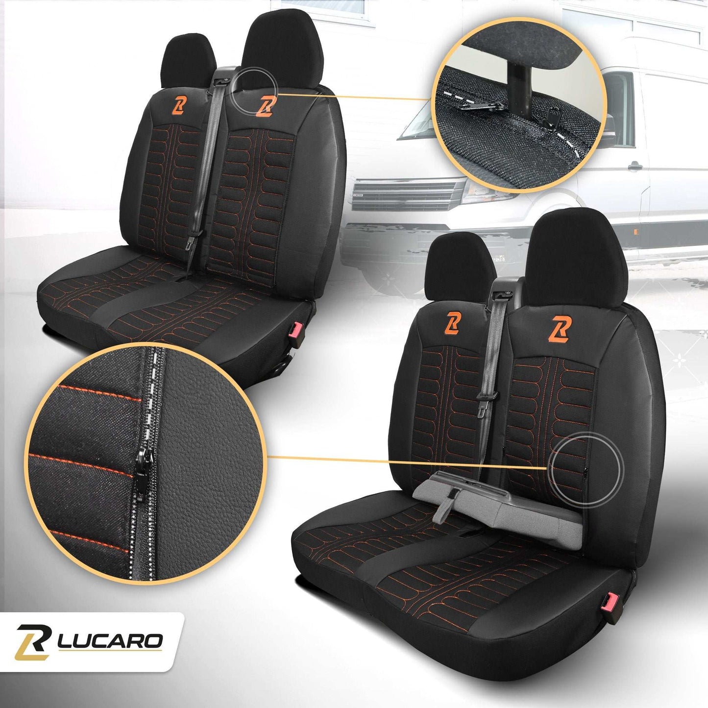 Pokrowce na fotele TORNADO Fiat Ducato, Peugeot Boxer, Citroen Jumper, Opel Movano C, RAM Promaster CZARNO - POMARAŃCZOWY 