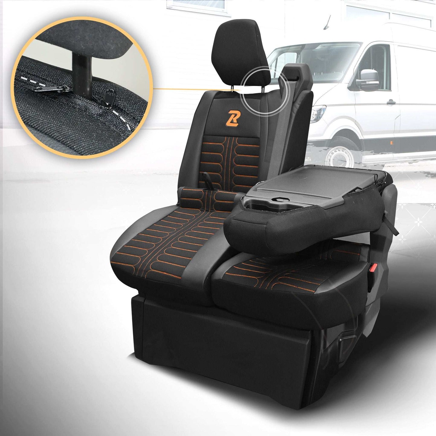 Pokrowce na fotele TORNADO Renault Master 4, Nissan Interstar 3 (Oparcie dzielone, siedzisko dzielone) CZARNO - POMARAŃCZOWY 