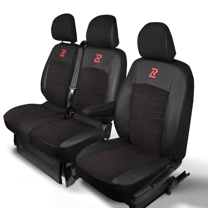 Pokrowce na fotele TORNADO Renault Trafic 3, Opel Vivaro B, Fiat Talento, Nissan NV300 1+2 (Kanapa z 2 zagłówkami siedzisko dzielone) - Czarno czerwone 