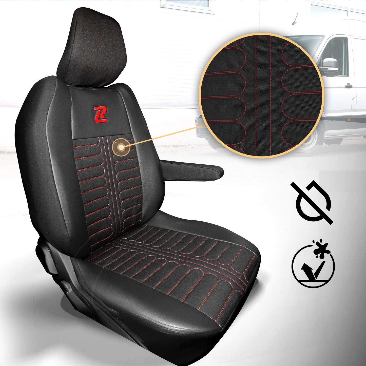 Pokrowce na fotele TORNADO Renault Master 4, Nissan Interstar 3 (Oparcie dzielone, siedzisko dzielone) CZARNO - CZERWONY 