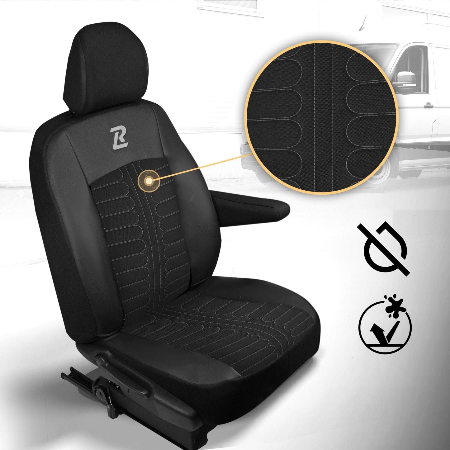 Pokrowce na fotele TORNADO Renault Trafic 3, Opel Vivaro B, Fiat Talento, Nissan NV300 1+2 (Kanapa z 2 zagłówkami siedzisko dzielone) - Czarno szare 