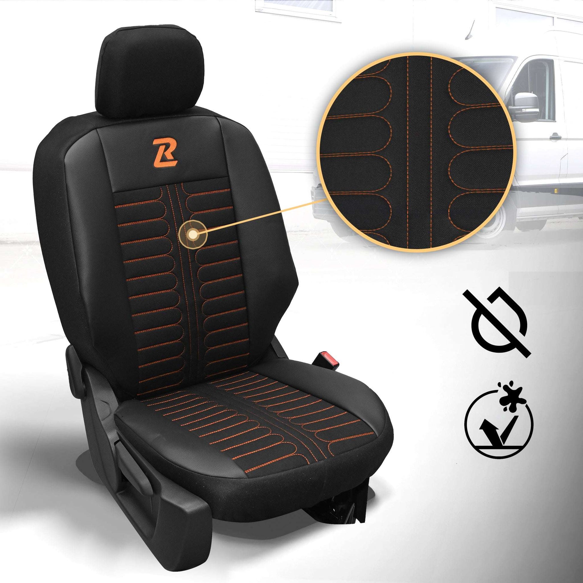 Pokrowce na fotele samochodowe TORNADO Citroen Berlingo 3, Fiat Doblo 3, Peugeot Partner 3, Opel Combo E, Toyota Proace City 1+2 Czarno - Pomarańczowy 