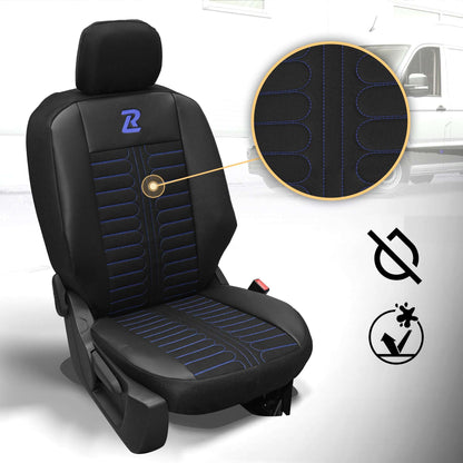 Pokrowce na fotele samochodowe TORNADO Citroen Berlingo 3, Fiat Doblo 3, Peugeot Partner 3, Opel Combo E, Toyota Proace City 1+2 Czarno - Niebieski 