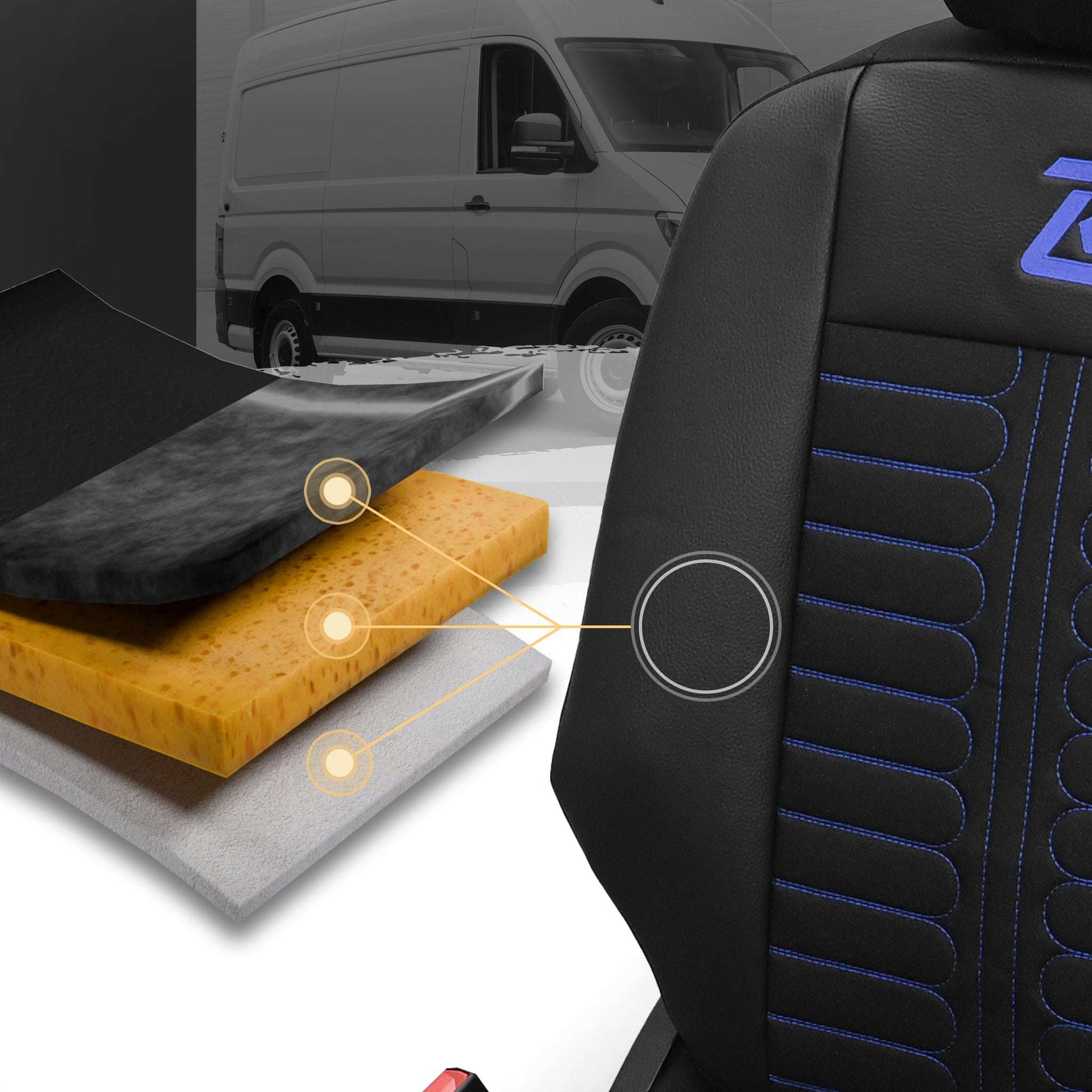 Pokrowce na fotele samochodowe TORNADO Citroen Berlingo 3, Fiat Doblo 3, Peugeot Partner 3, Opel Combo E, Toyota Proace City 1+2 Czarno - Niebieski 