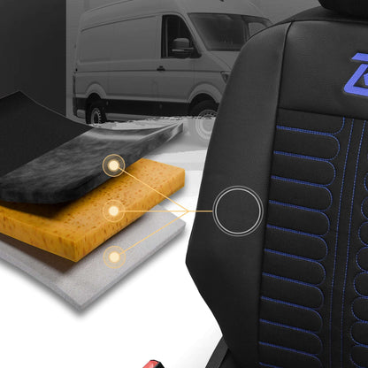 Pokrowce na fotele samochodowe TORNADO Citroen Berlingo 3, Fiat Doblo 3, Peugeot Partner 3, Opel Combo E, Toyota Proace City 1+2 Czarno - Niebieski 