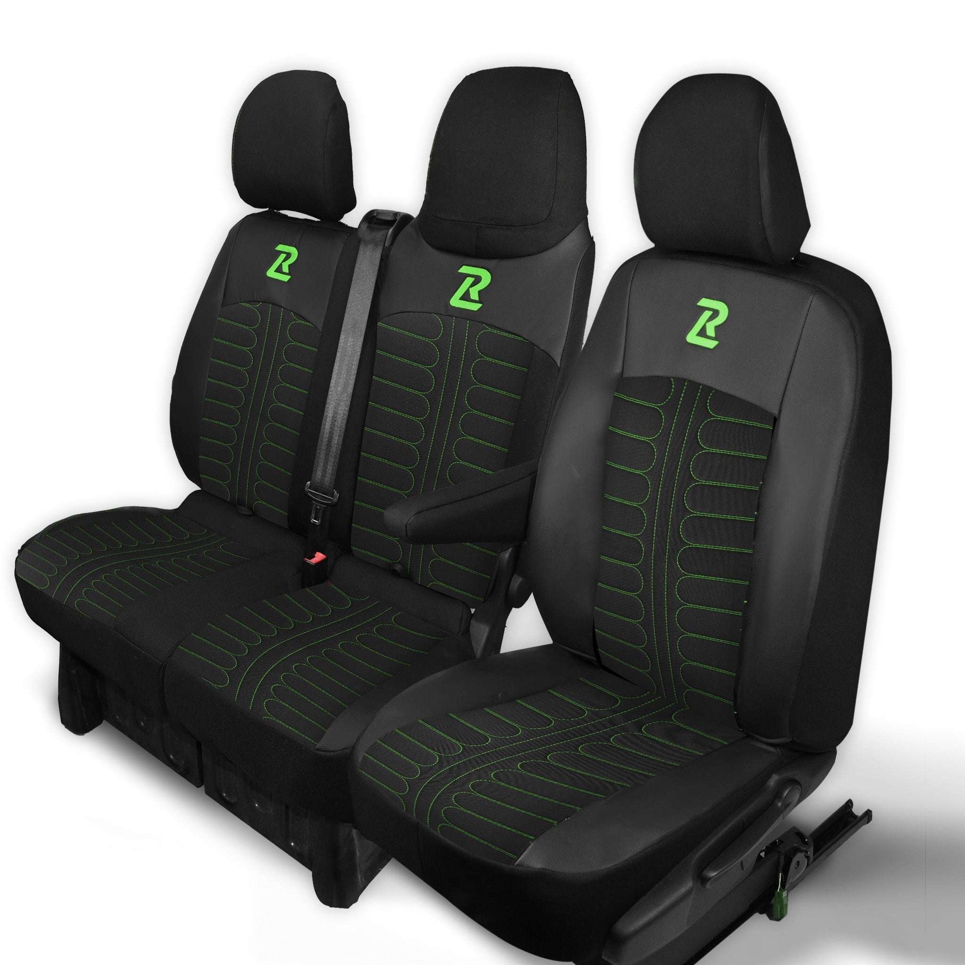 Pokrowce na fotele TORNADO Renault Trafic 3, Opel Vivaro B, Fiat Talento, Nissan NV300 1+2 (Kanapa z fotelem lotniczym, siedzisko dzielone) - Czarno zielone 