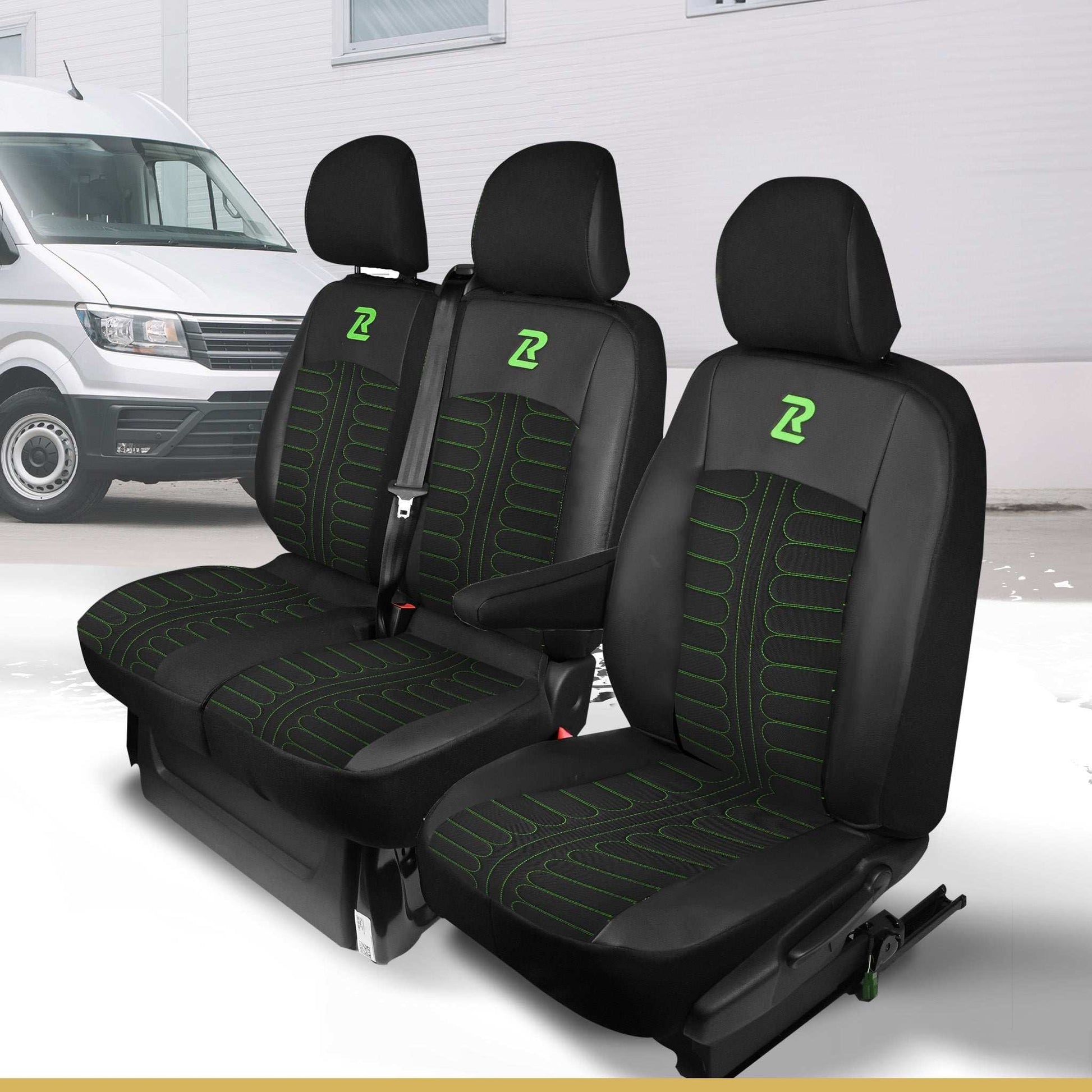 Pokrowce na fotele TORNADO Renault Trafic 3, Opel Vivaro B, Fiat Talento, Nissan NV300 1+2 (Kanapa z 2 zagłówkami siedzisko dzielone) - Czarno zielone 