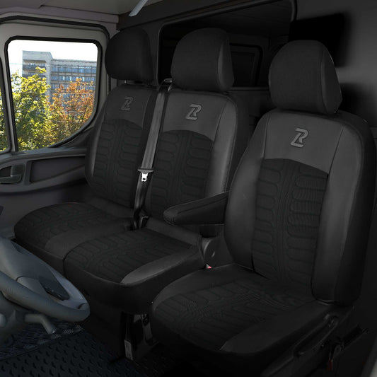 Pokrowce na fotele TORNADO Renault Trafic 3, Opel Vivaro B, Fiat Talento, Nissan NV300 1+2 (Kanapa z 2 zagłówkami siedzisko dzielone) - Czarno - Czarne 