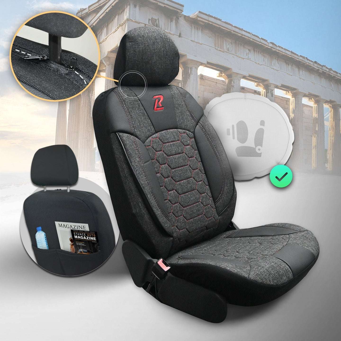 Pokrowce na fotele samochodowe OLIMP - SZARO CZERWONY (KOMPLET) 