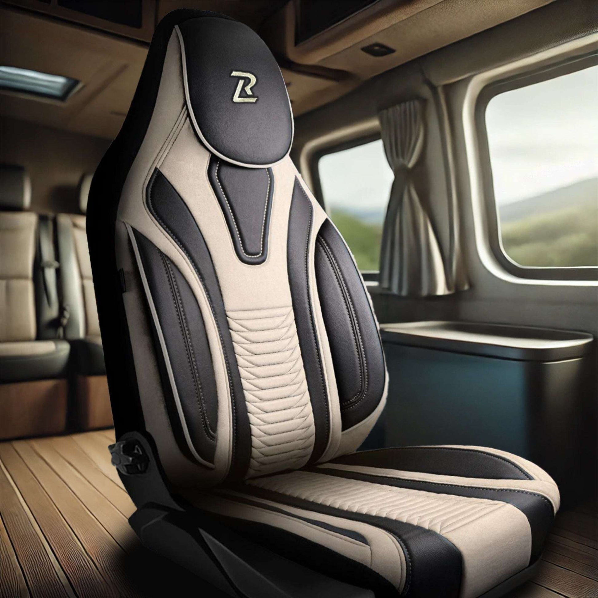 Pokrowce na fotele do Kampera Fiat Ducato, Peugeot Boxer, Citroen Jumper, Opel Movano C - PORTOFINO - Beżowo czarne 