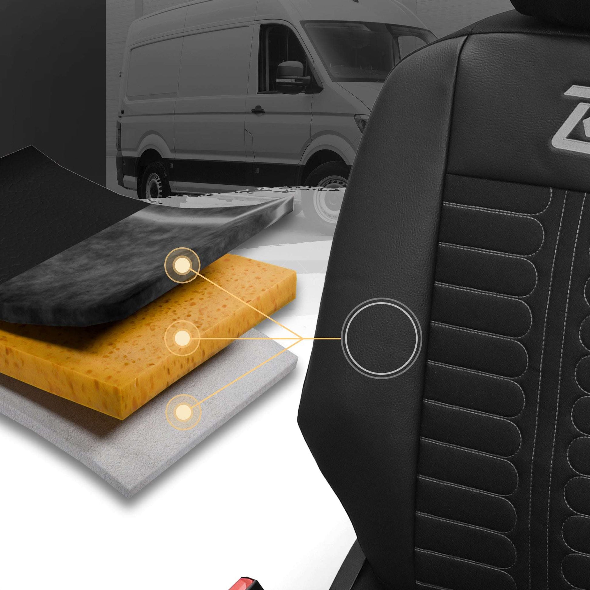 Pokrowce na fotele samochodowe TORNADO Citroen Berlingo 3, Fiat Doblo 3, Peugeot Partner 3, Opel Combo E, Toyota Proace City 1+2 Czarno - Szare 