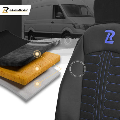 Pokrowce na fotele TORNADO Fiat Ducato, Peugeot Boxer, Citroen Jumper, Opel Movano C, RAM Promaster CZARNO - NIEBIESKI 