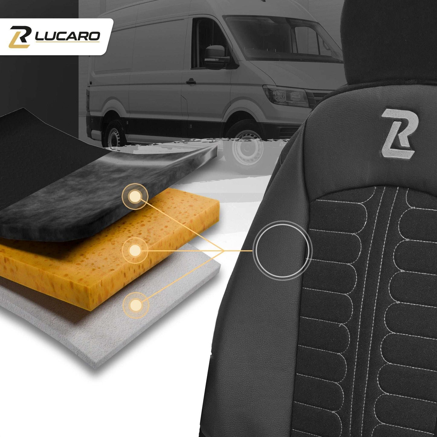 Pokrowce na fotele TORNADO Fiat Ducato, Peugeot Boxer, Citroen Jumper, Opel Movano C, RAM Promaster CZARNO - SZARY 