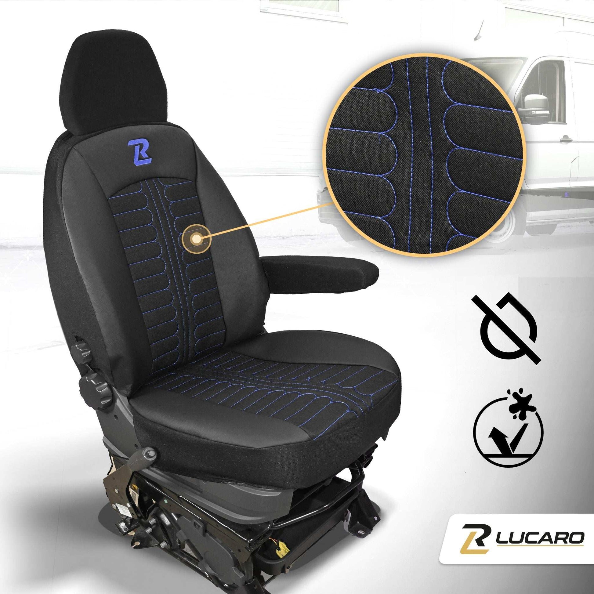 Pokrowce na fotele TORNADO Fiat Ducato, Peugeot Boxer, Citroen Jumper, Opel Movano C, RAM Promaster CZARNO - NIEBIESKI 