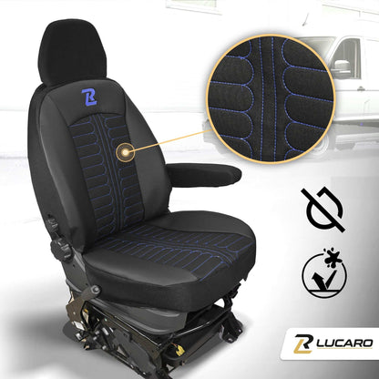 Pokrowce na fotele TORNADO Fiat Ducato, Peugeot Boxer, Citroen Jumper, Opel Movano C, RAM Promaster CZARNO - NIEBIESKI 