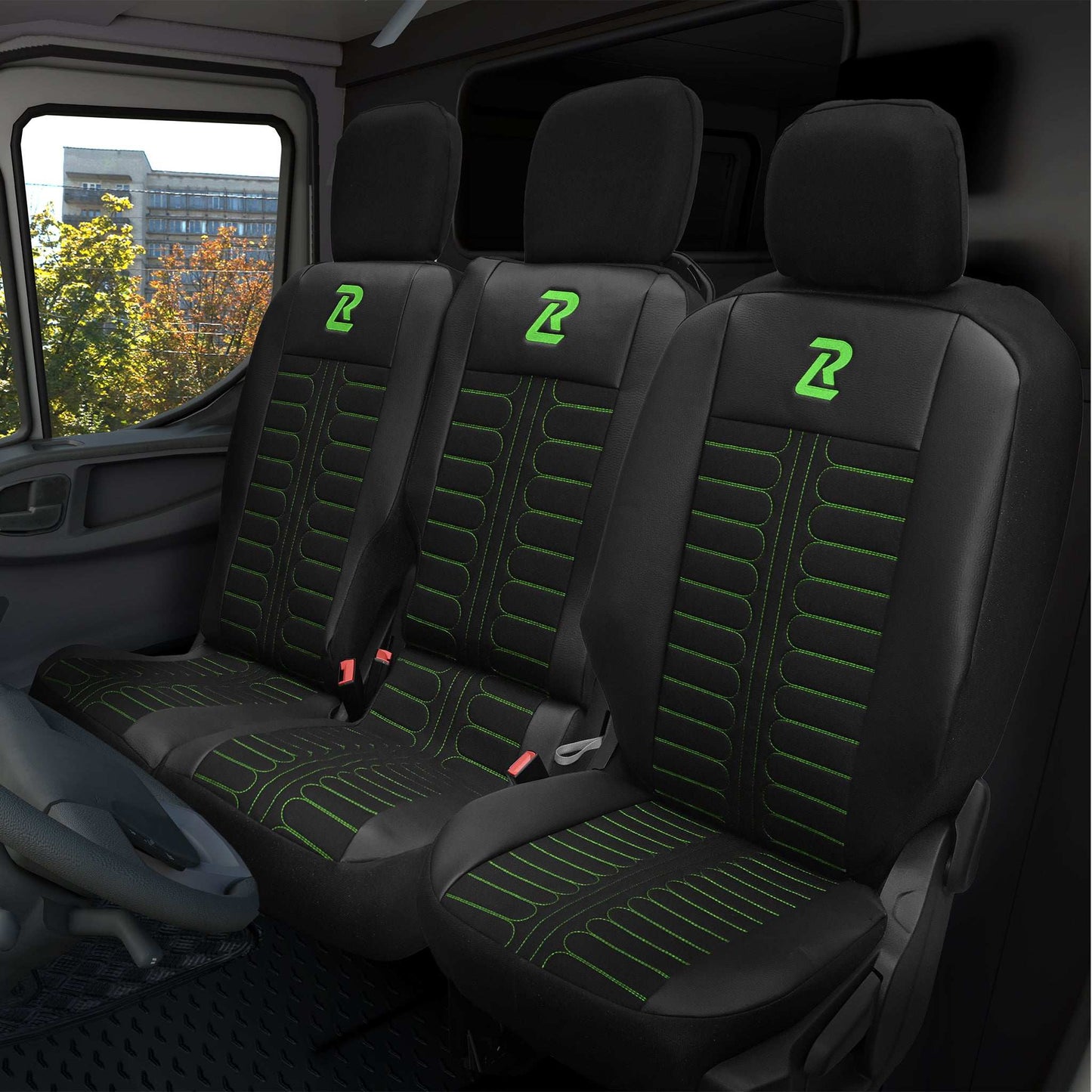 Pokrowce na fotele samochodowe TORNADO Citroen Berlingo 3, Fiat Doblo 3, Peugeot Partner 3, Opel Combo E, Toyota Proace City 1+2 Czarno - Zielone 