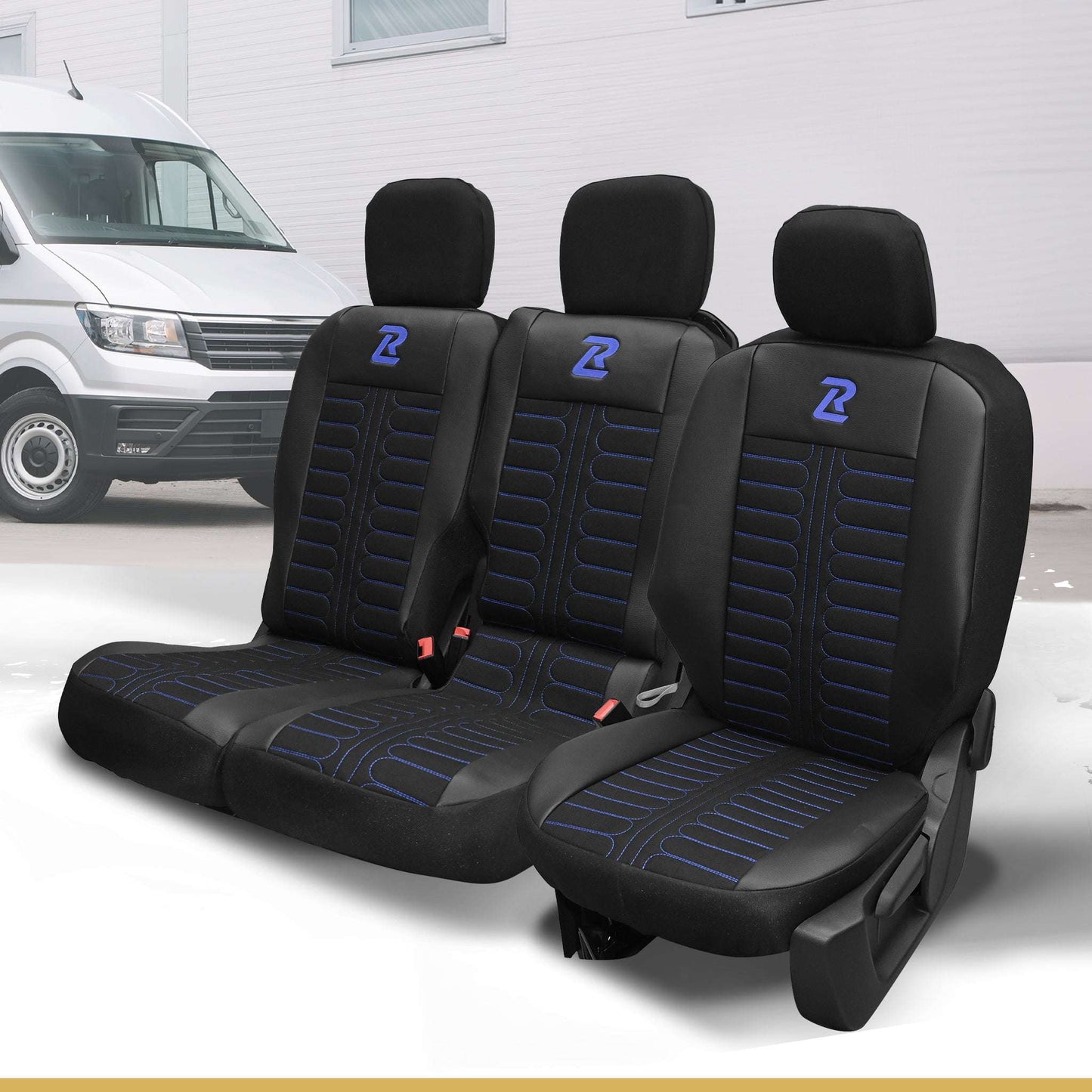 Pokrowce na fotele samochodowe TORNADO Citroen Berlingo 3, Fiat Doblo 3, Peugeot Partner 3, Opel Combo E, Toyota Proace City 1+2 Czarno - Niebieski 