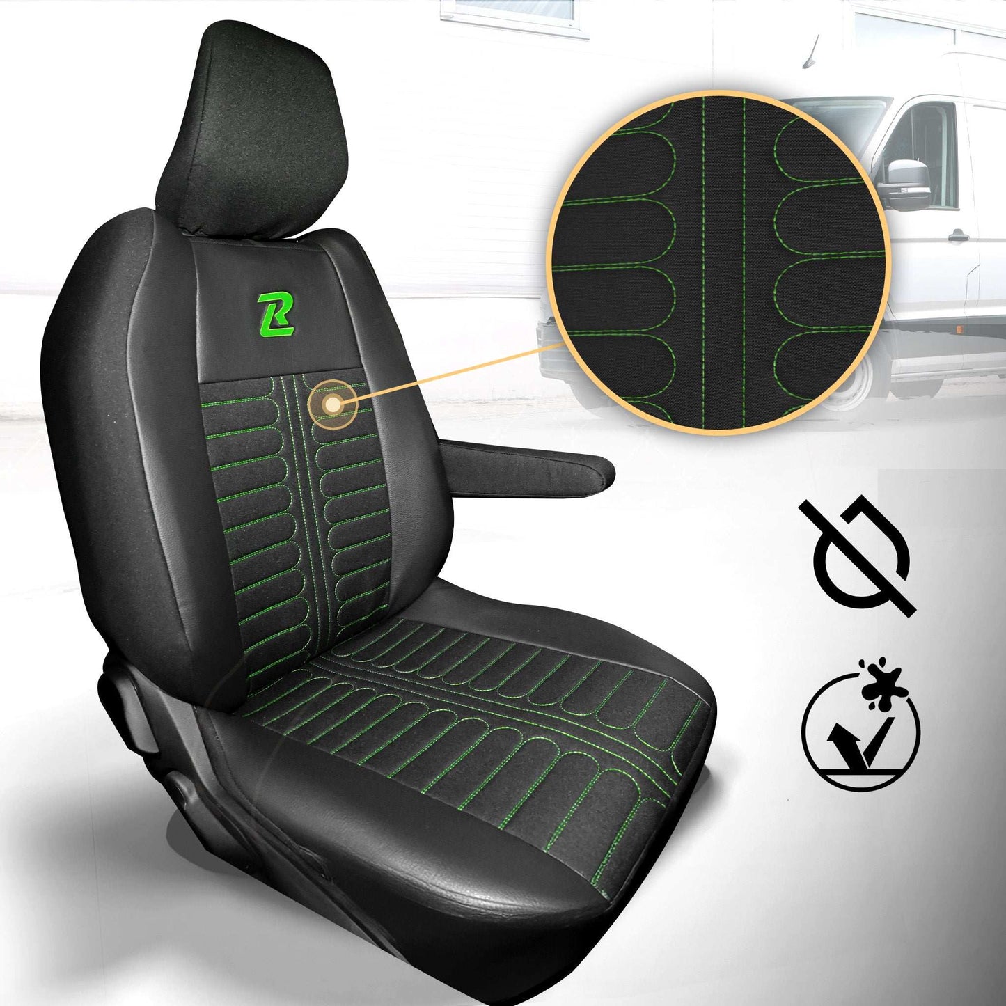 Pokrowce na fotele TORNADO Renault Master 4, Nissan Interstar 3 (Oparcie dzielone, siedzisko dzielone) CZARNO - ZIELONY 