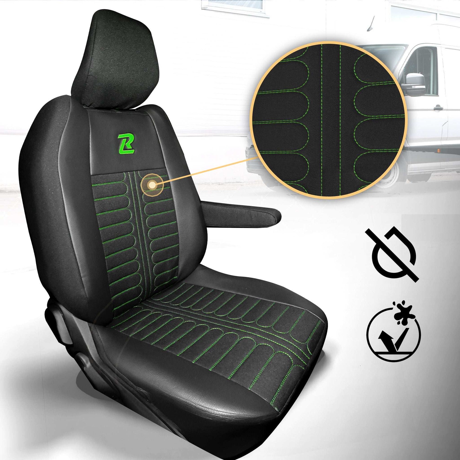 Pokrowce na fotele TORNADO Renault Master 4, Nissan Interstar 3 (Oparcie dzielone, siedzisko dzielone) CZARNO - ZIELONY 