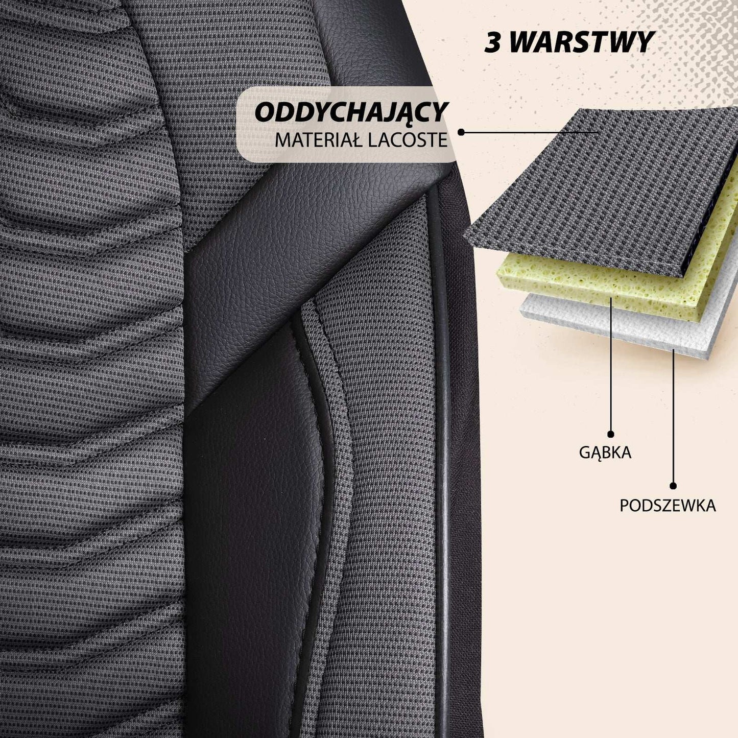 Pokrowce lotnicze na przednie fotele samochodowe PARIS - szaro czarne (przód) 