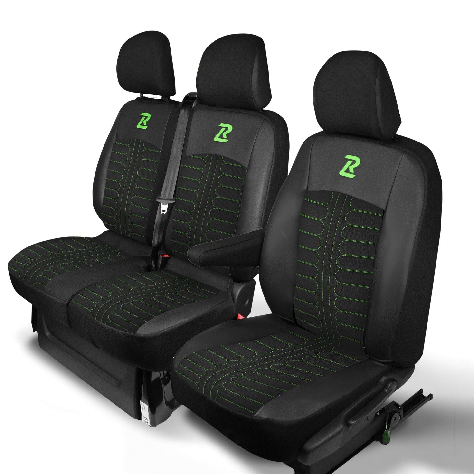 Pokrowce na fotele TORNADO Renault Trafic 3, Opel Vivaro B, Fiat Talento, Nissan NV300 1+2 (Kanapa z 2 zagłówkami siedzisko dzielone) - Czarno zielone 