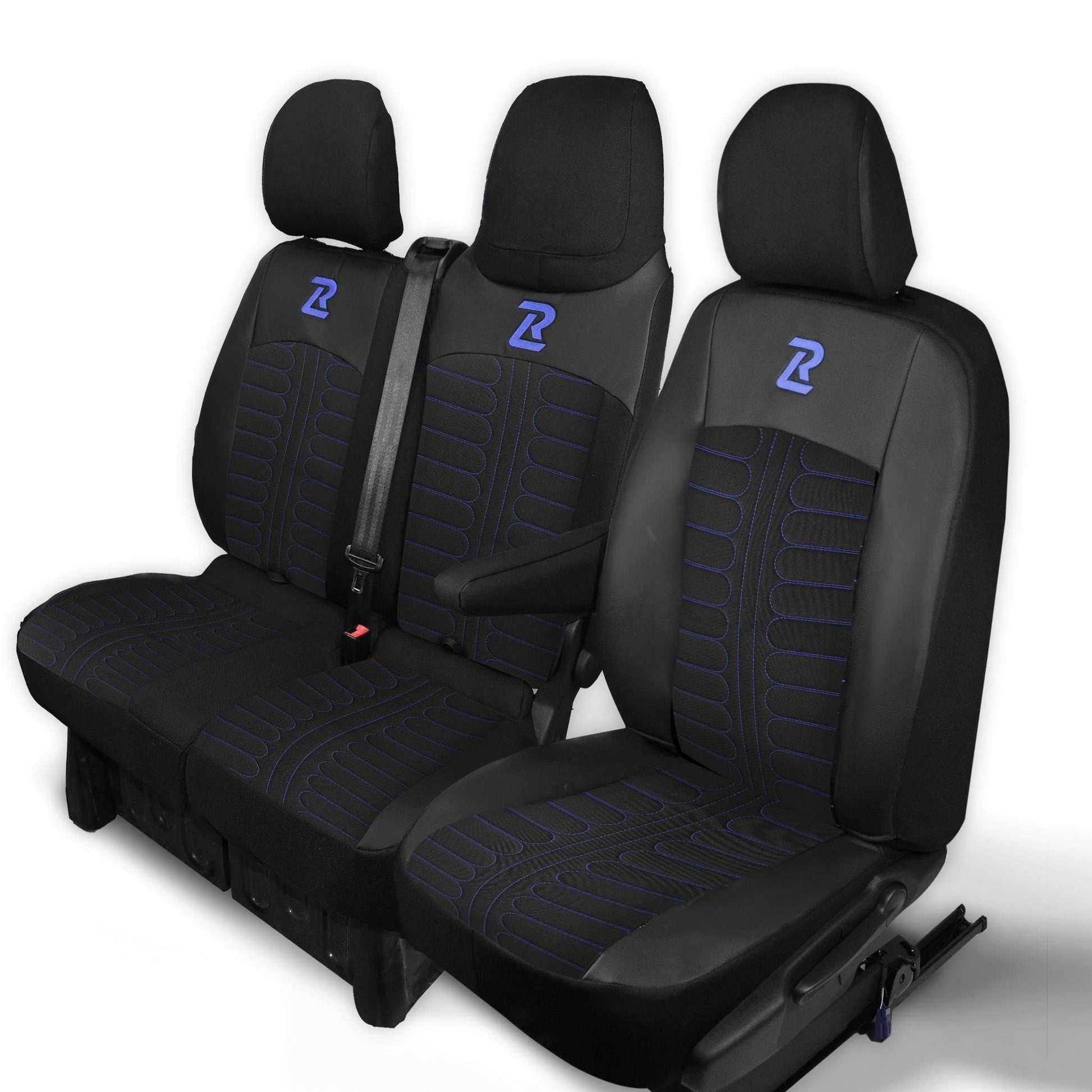Pokrowce na fotele TORNADO Renault Trafic 3, Opel Vivaro B, Fiat Talento, Nissan NV300 1+2 (Kanapa z fotelem lotniczym, siedzisko dzielone) - Czarno niebieskie 
