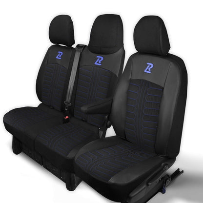 Pokrowce na fotele TORNADO Renault Trafic 3, Opel Vivaro B, Fiat Talento, Nissan NV300 1+2 (Kanapa z fotelem lotniczym, siedzisko dzielone) - Czarno niebieskie 