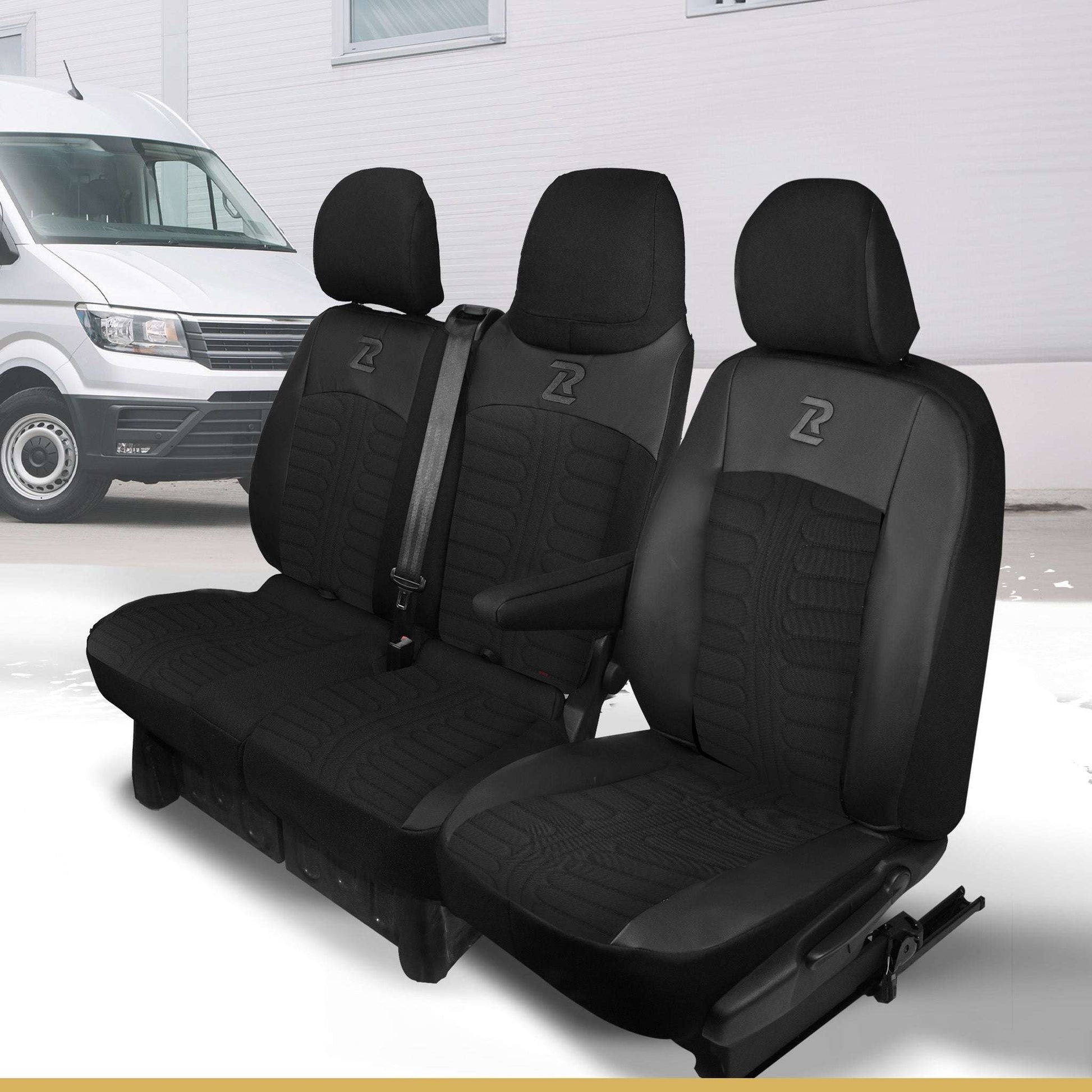 Pokrowce na fotele TORNADO Renault Trafic 3, Opel Vivaro B, Fiat Talento, Nissan NV300 1+2 (Kanapa z fotelem lotniczym, siedzisko dzielone) - Czarno czarne 