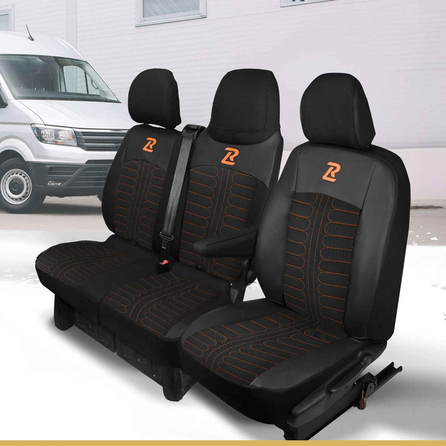 Pokrowce na fotele TORNADO Renault Trafic 3, Opel Vivaro B, Fiat Talento, Nissan NV300 1+2 (Kanapa z fotelem lotniczym, siedzisko dzielone) - Czarno pomarańczowe 