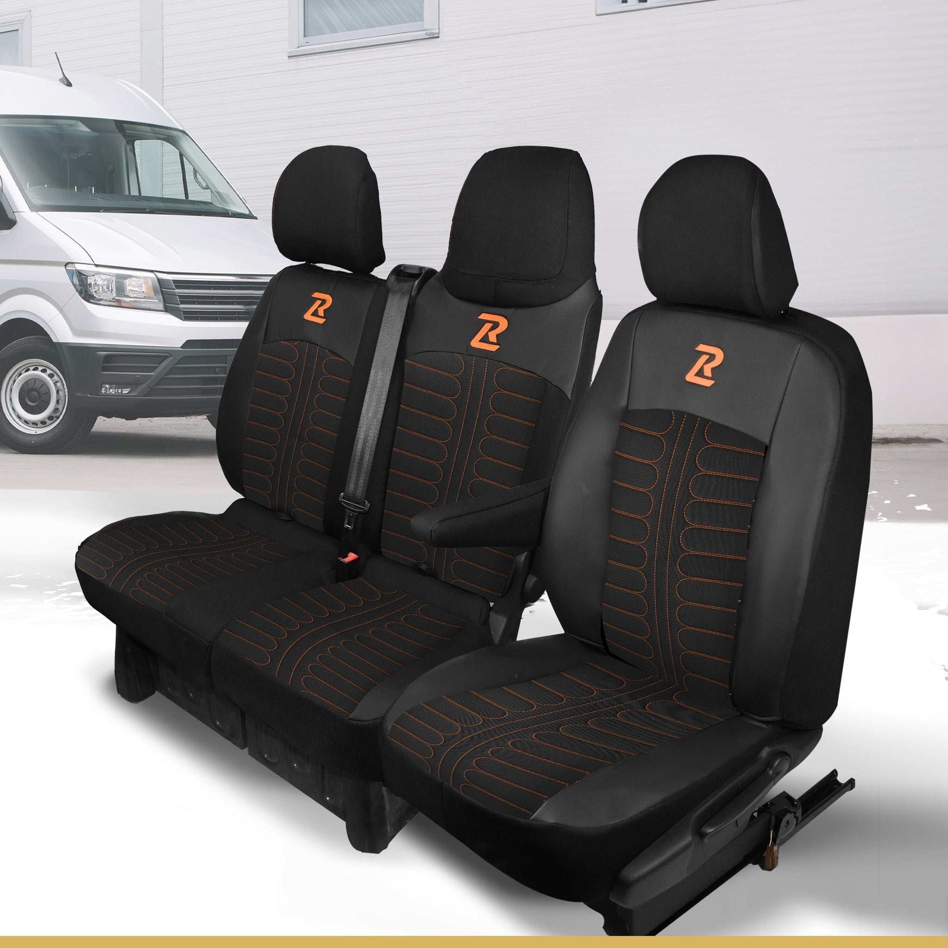 Pokrowce na fotele TORNADO Renault Trafic 3, Opel Vivaro B, Fiat Talento, Nissan NV300 1+2 (Kanapa z fotelem lotniczym, siedzisko dzielone) - Czarno pomarańczowe 