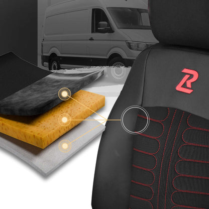 Pokrowce na fotele TORNADO Renault Trafic 3, Opel Vivaro B, Fiat Talento, Nissan NV300 1+2 (Kanapa z fotelem lotniczym, siedzisko dzielone) - Czarno czerwone 