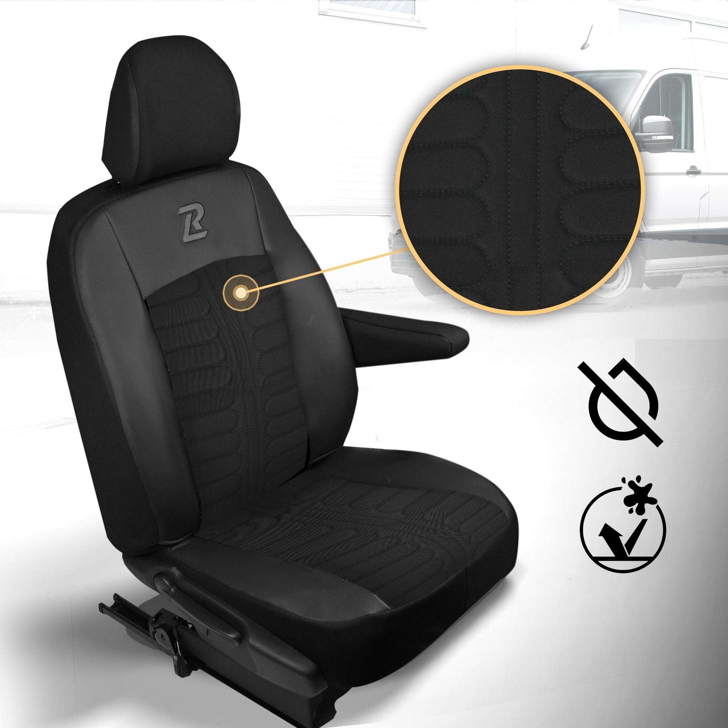 Pokrowce na fotele TORNADO Renault Trafic 3, Opel Vivaro B, Fiat Talento, Nissan NV300 1+2 (Kanapa z fotelem lotniczym, siedzisko dzielone) - Czarno czarne 