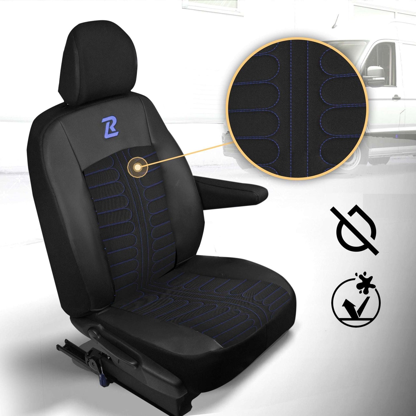 Pokrowce na fotele TORNADO Renault Trafic 3, Opel Vivaro B, Fiat Talento, Nissan NV300 1+2 (Kanapa z fotelem lotniczym, siedzisko dzielone) - Czarno niebieskie 