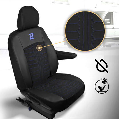 Pokrowce na fotele TORNADO Renault Trafic 3, Opel Vivaro B, Fiat Talento, Nissan NV300 1+2 (Kanapa z fotelem lotniczym, siedzisko dzielone) - Czarno niebieskie 