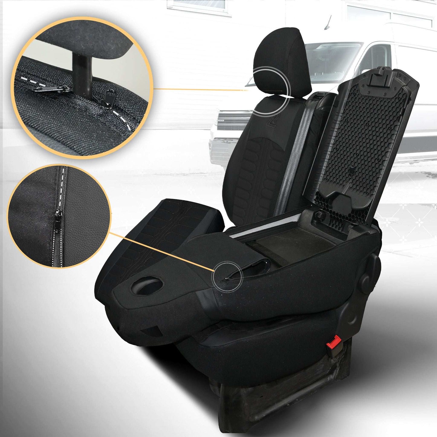 Pokrowce na fotele TORNADO Renault Trafic 3, Opel Vivaro B, Fiat Talento, Nissan NV300 1+2 (Kanapa z fotelem lotniczym, siedzisko dzielone) - Czarno czarne 